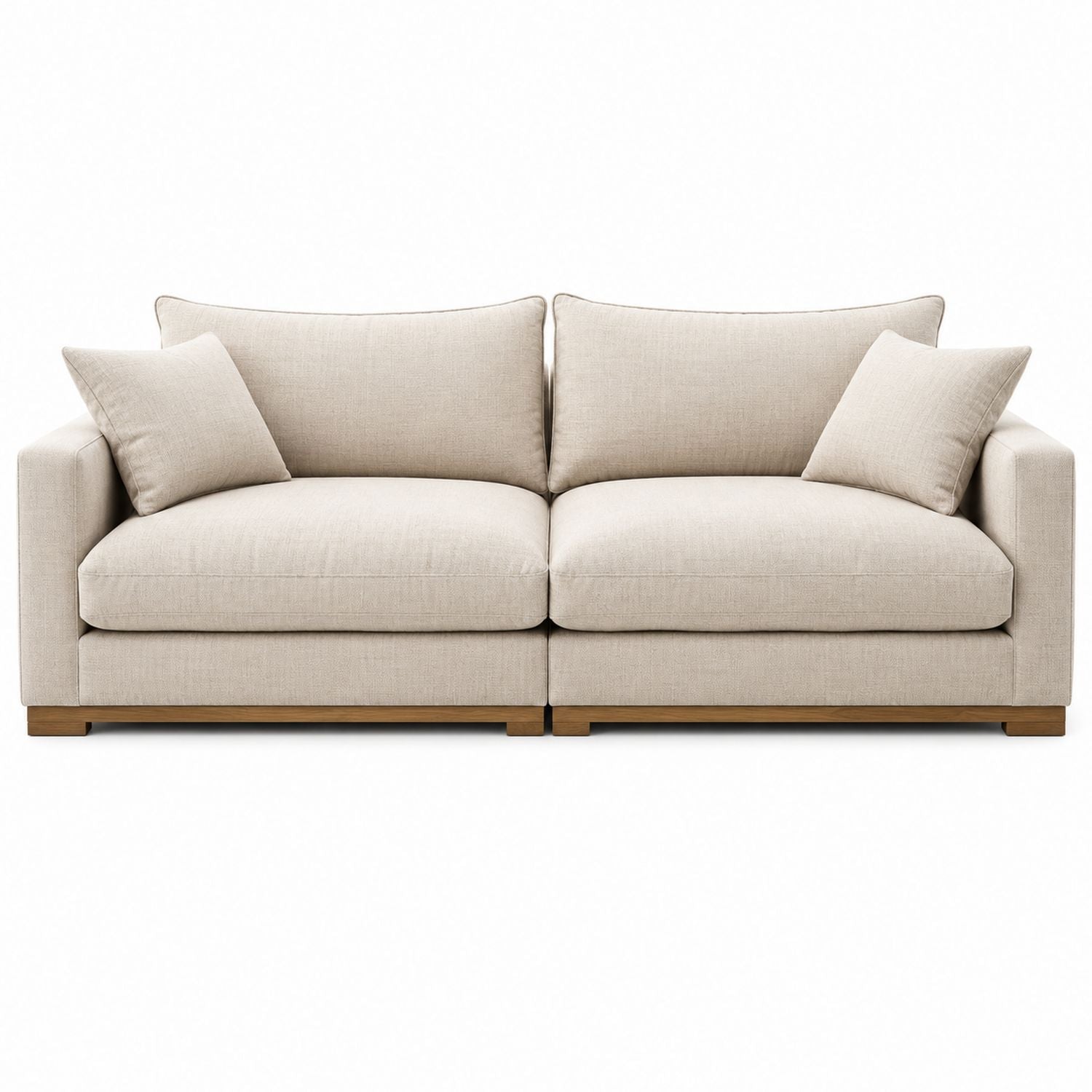 Beige Linen Two-Seater Sofa with Wooden Base 210cm