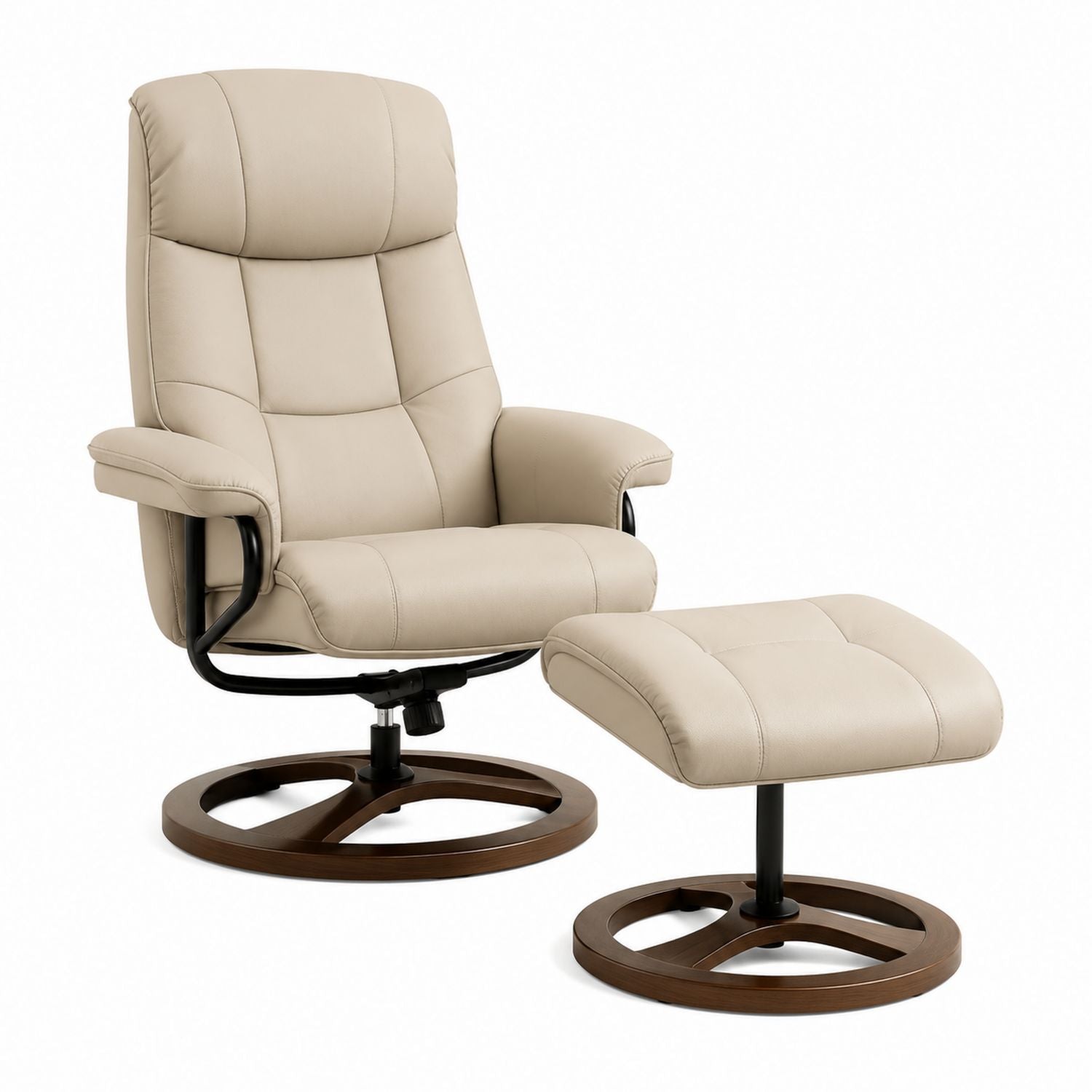 PU Leather Swivel Recliner Chair with Ottoman and Wood Base in Beige