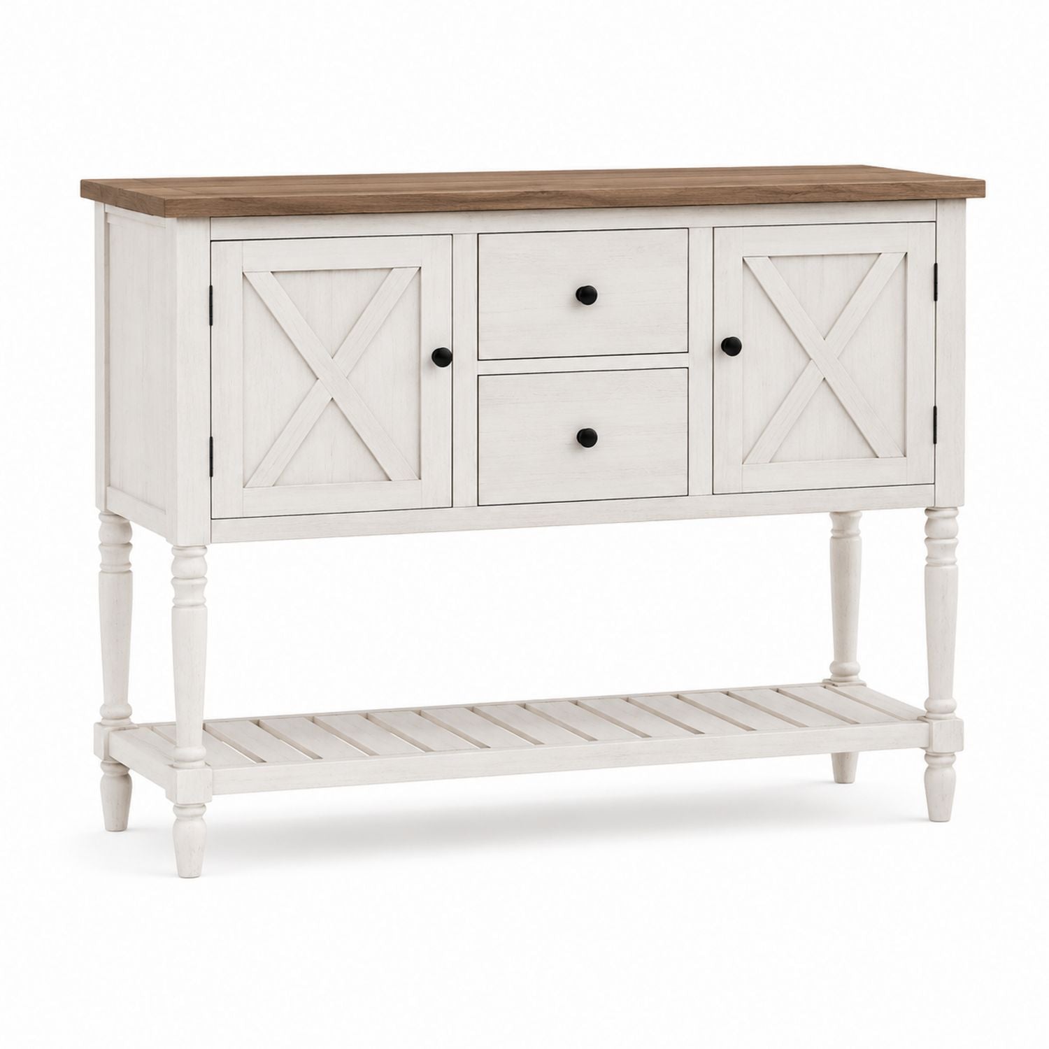 Wooden Sideboard with Oak Top and White Base, Two Doors and Drawers, One Shelf, 120cm
