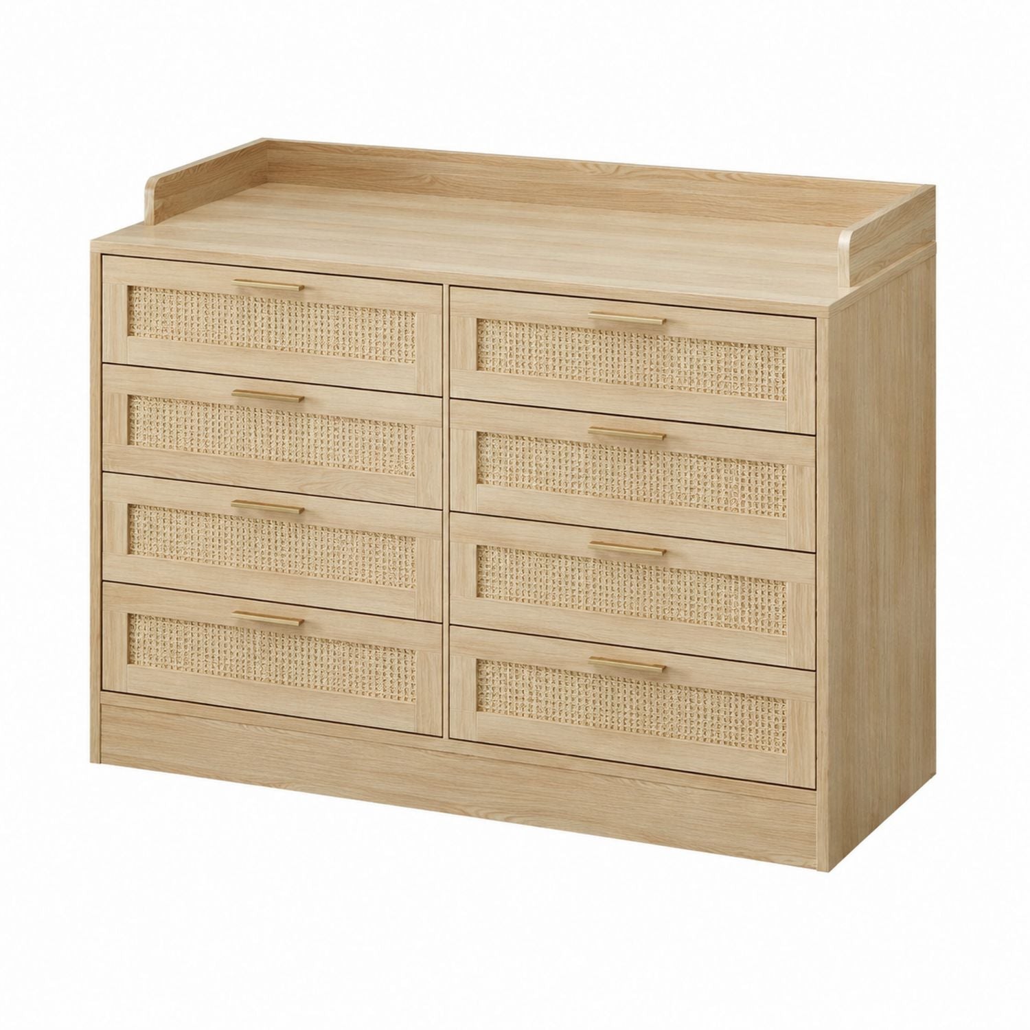 Light Oak Wood and Rattan 8-Drawer Storage Chest