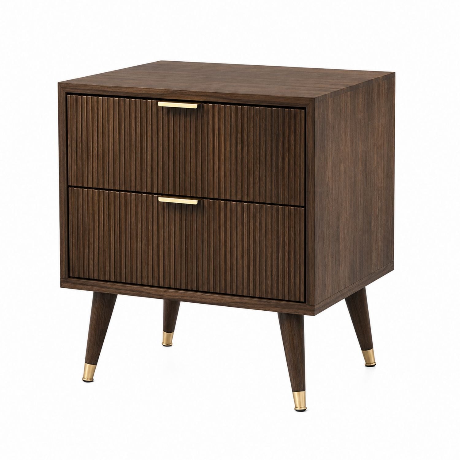 Walnut Wood Nightstand with Two Drawers and Metal Accents 60cm High