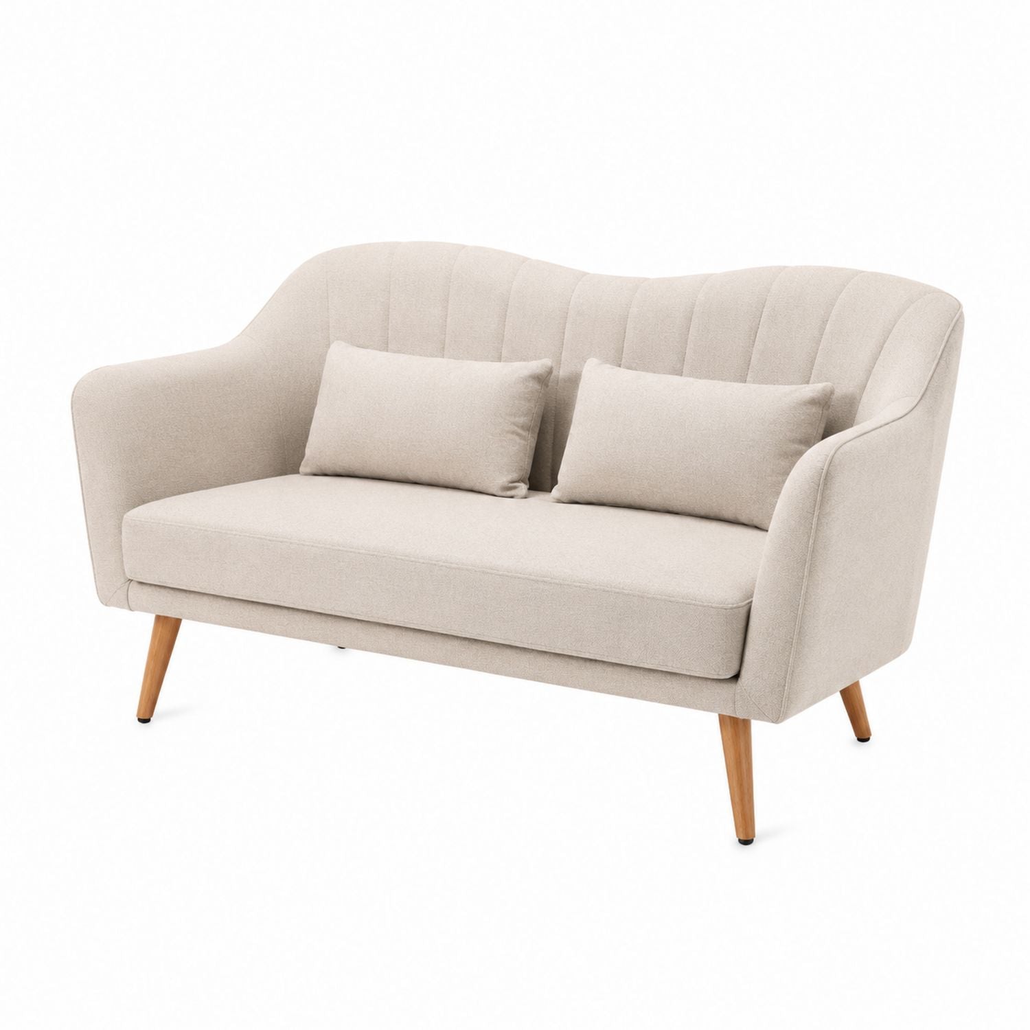 Beige Fabric Two-Seater Sofa with Wooden Legs
