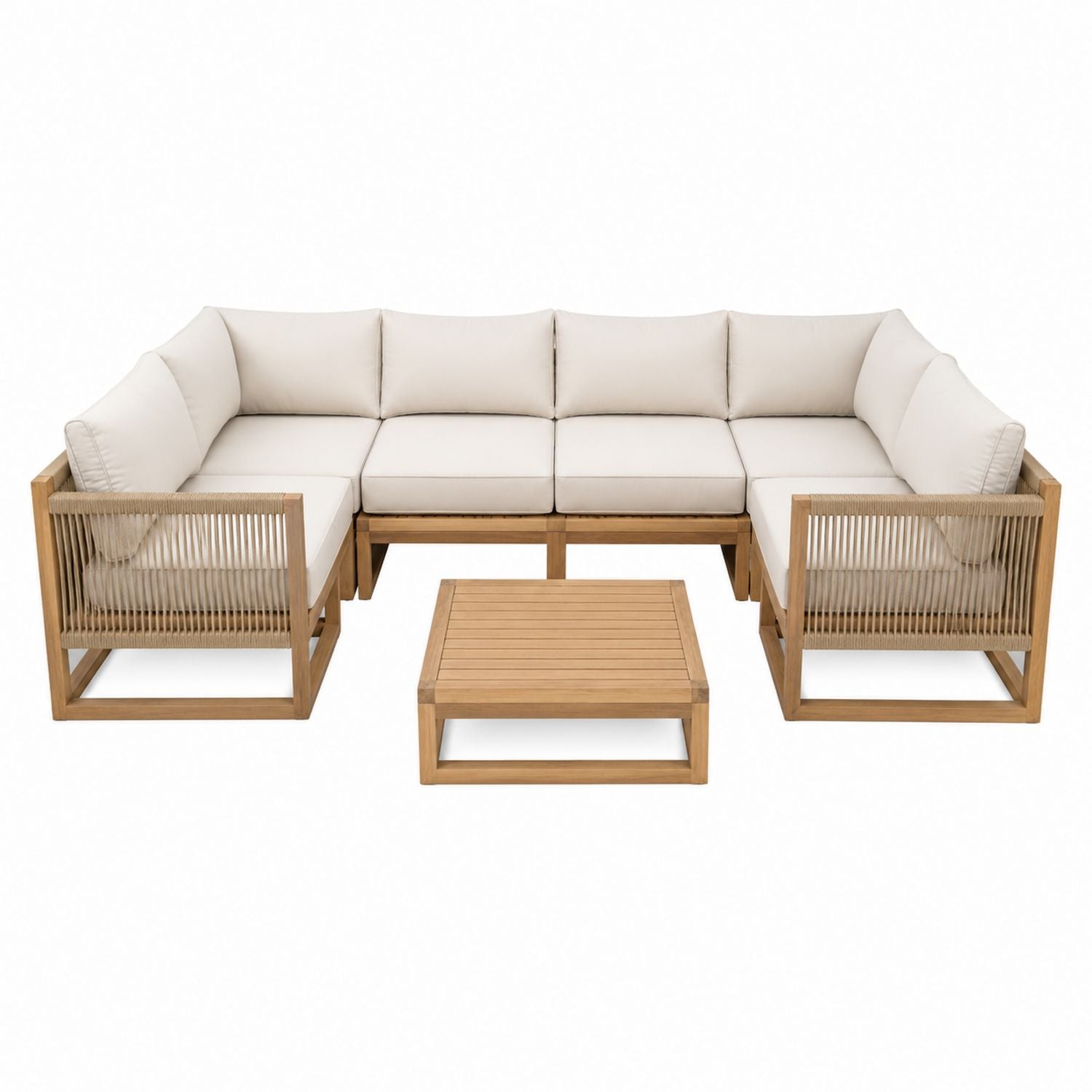 Teak Outdoor Corner Sofa Set with Beige Cushions and Coffee Table