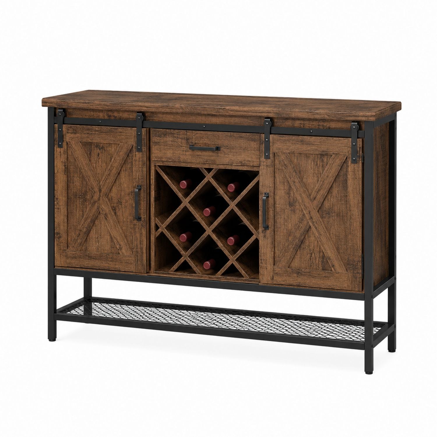 Wood and Metal Sideboard with Wine Rack and Sliding Barn Doors