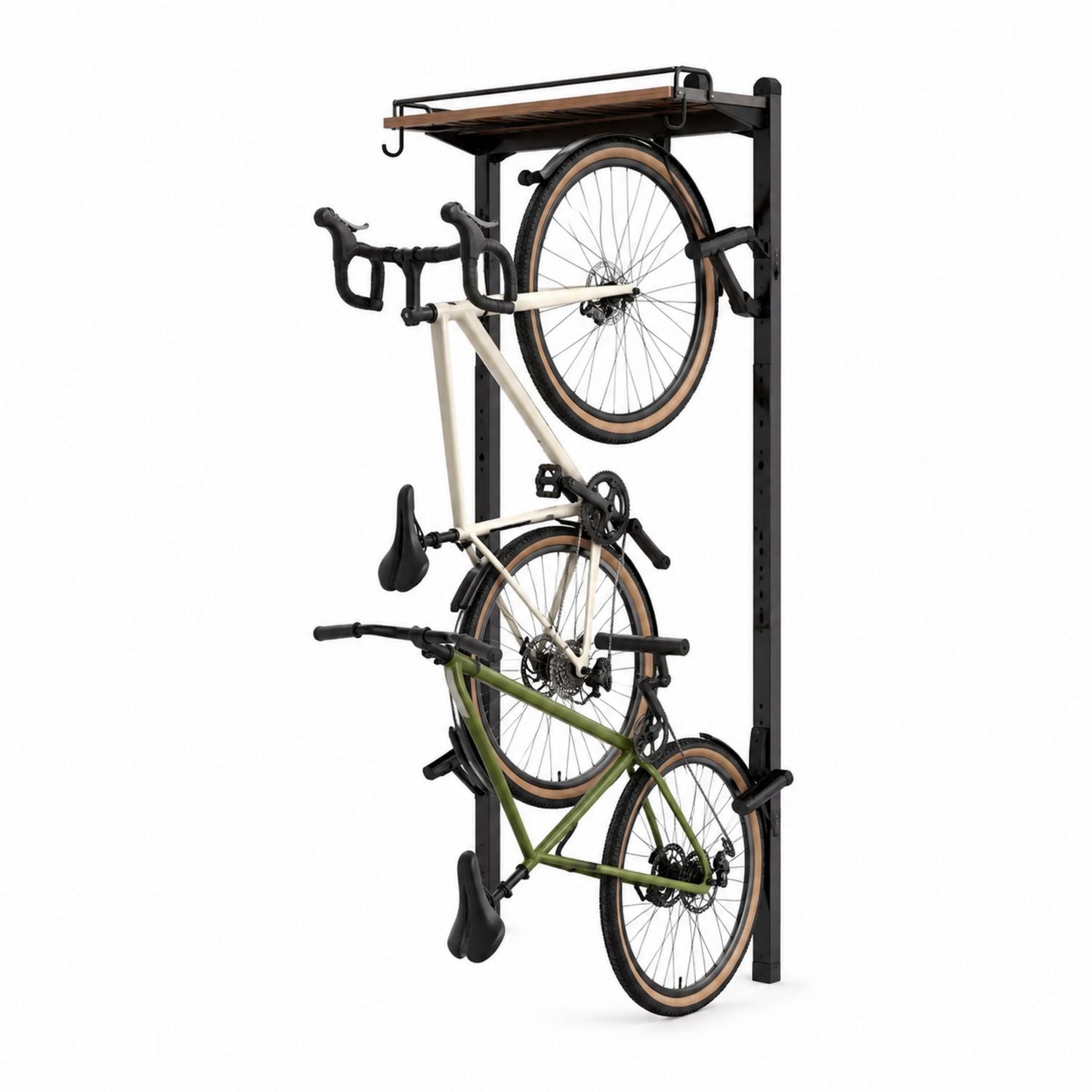 Wall-Mounted Steel Bike Rack with Solid Wood Shelf for 2 Bicycles Black