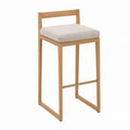 Oak Bar Stool with Beige Fabric and Metal Footrest