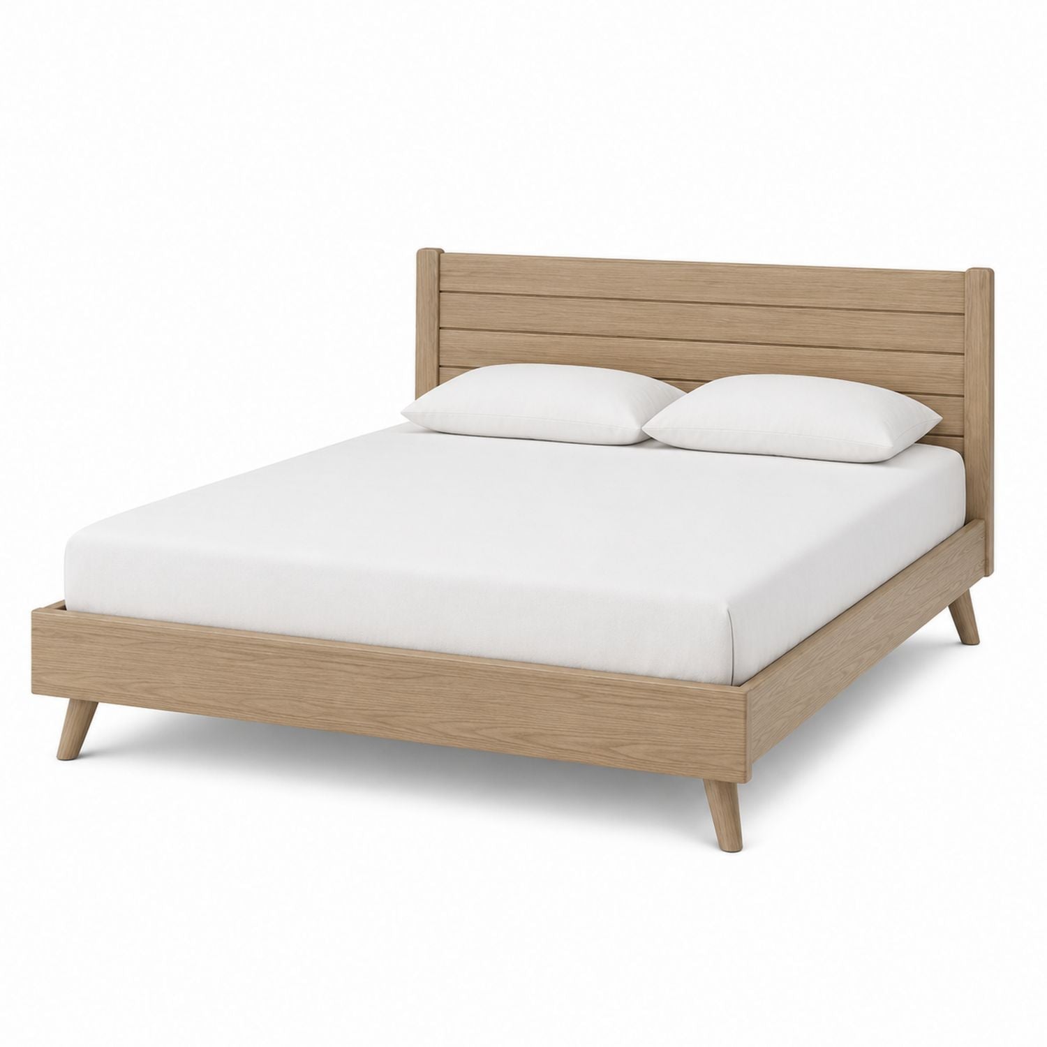 Queen Size Oak Wooden Bed with Slatted Headboard