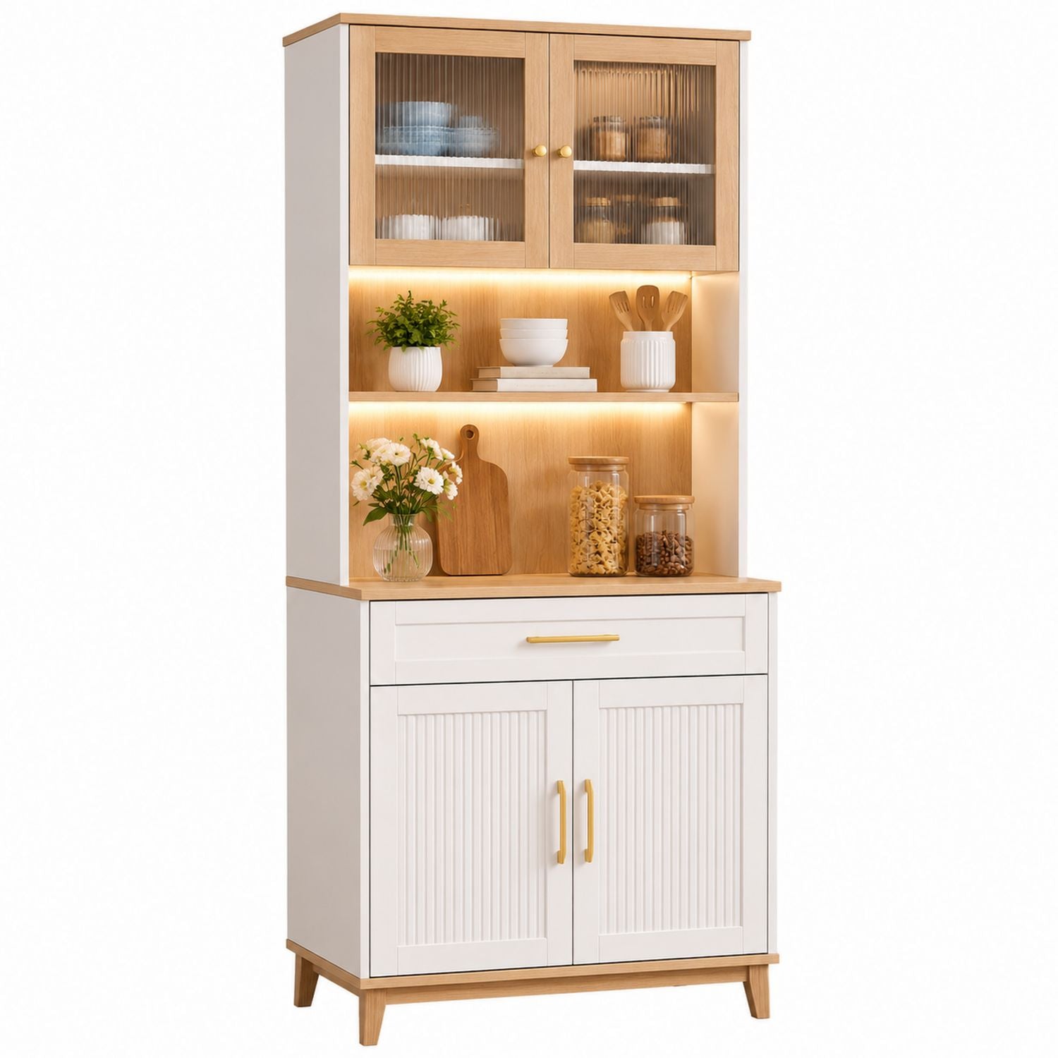 White and Natural Wood Kitchen Sideboard with Ribbed Glass Doors