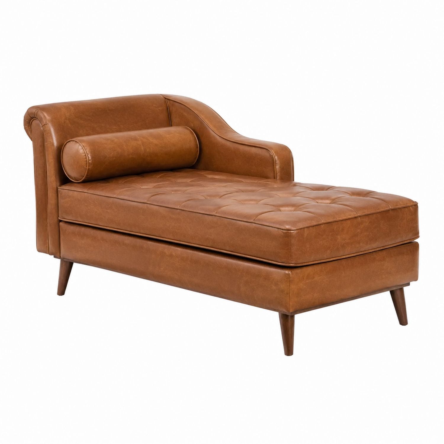 Brown Leather Chaise Lounge with Bolster Pillow