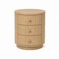 Round Oak Veneer Nightstand with Three Drawers and Brass Handles