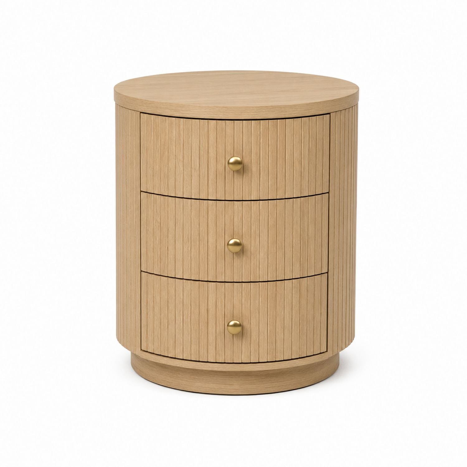 Round Oak Veneer Nightstand with Three Drawers and Brass Handles
