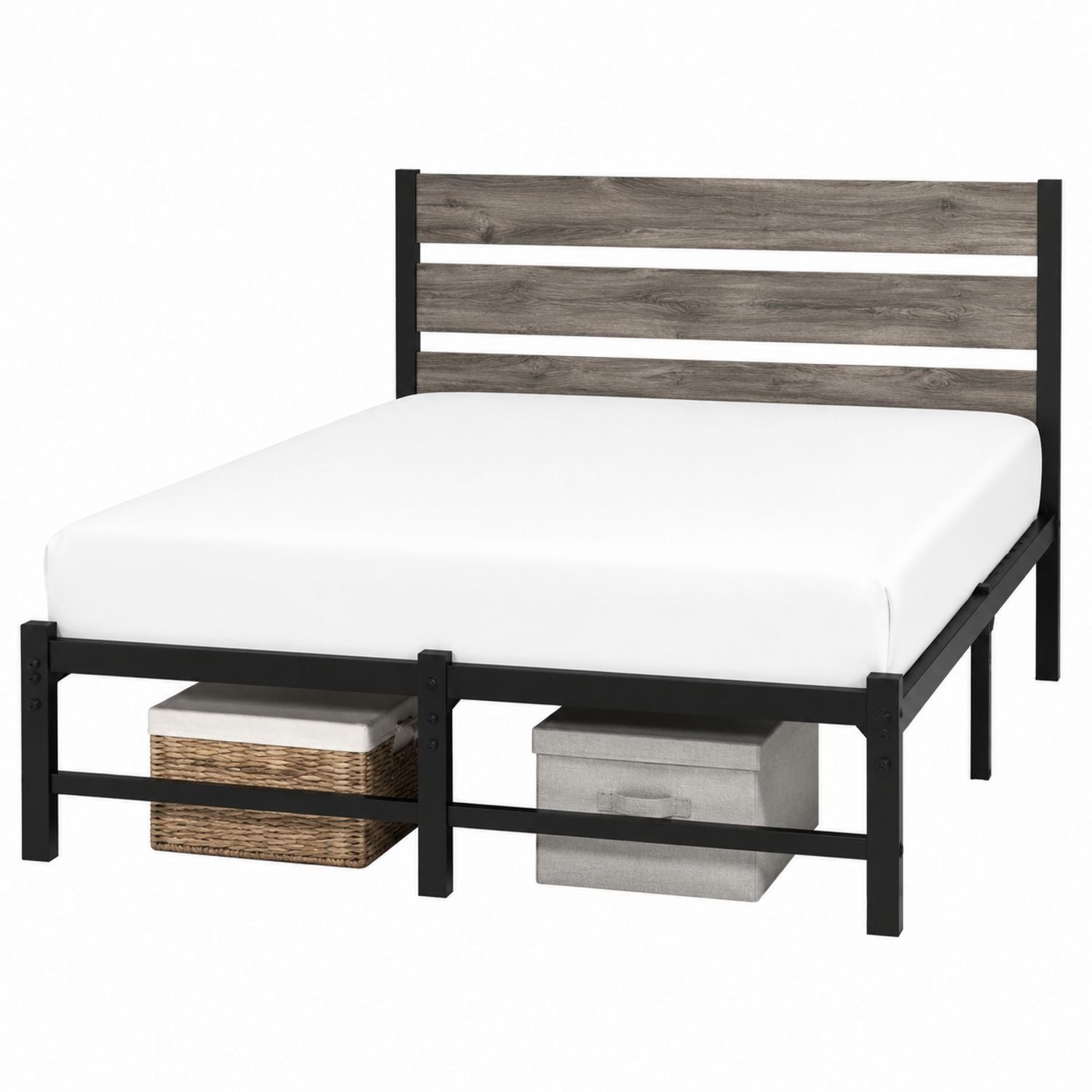 Queen Size Metal and Wood Bed Frame with Slatted Headboard