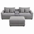 Gray Corduroy Sectional Sofa Set with Ottoman and Cupholders
