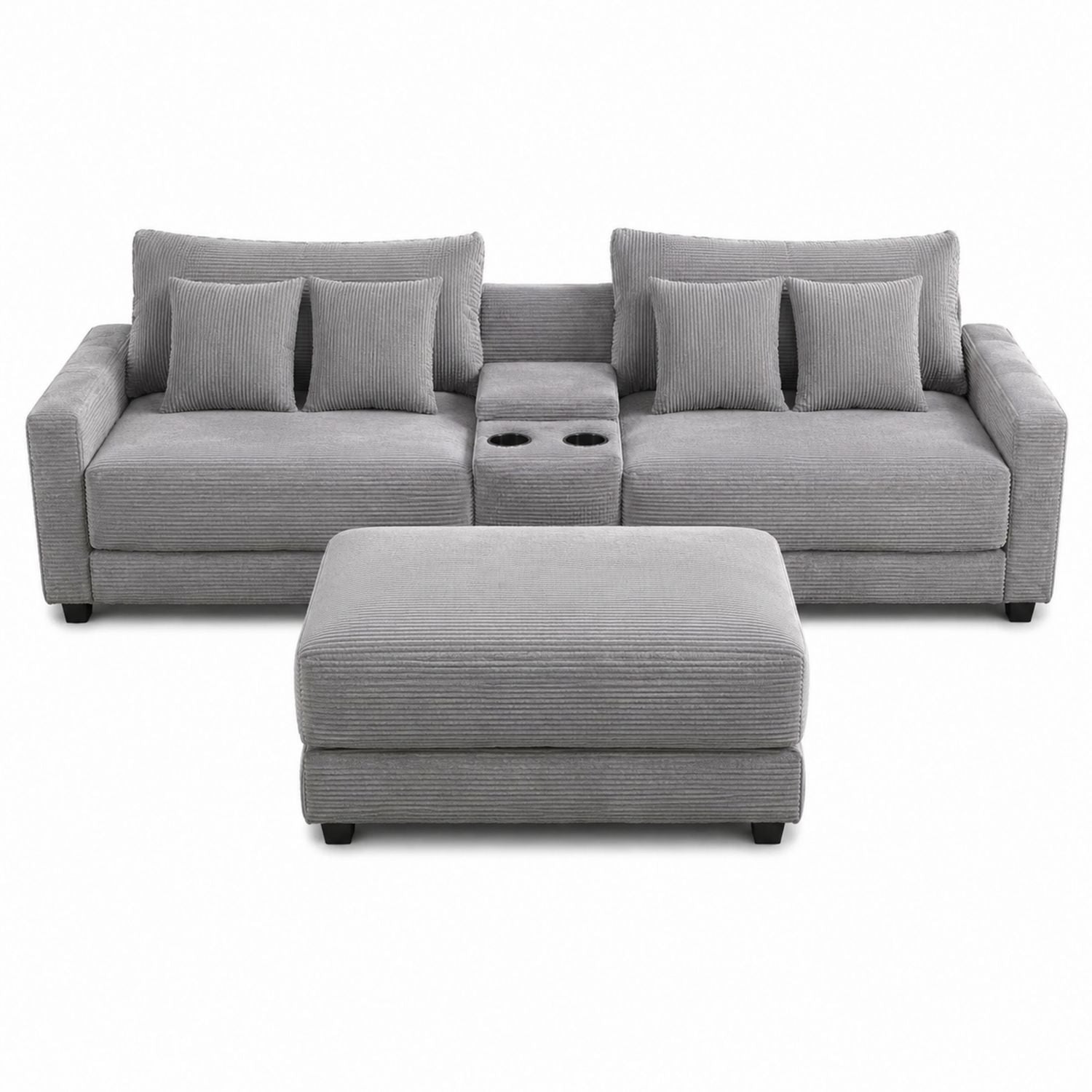 Gray Corduroy Sectional Sofa Set with Ottoman and Cupholders