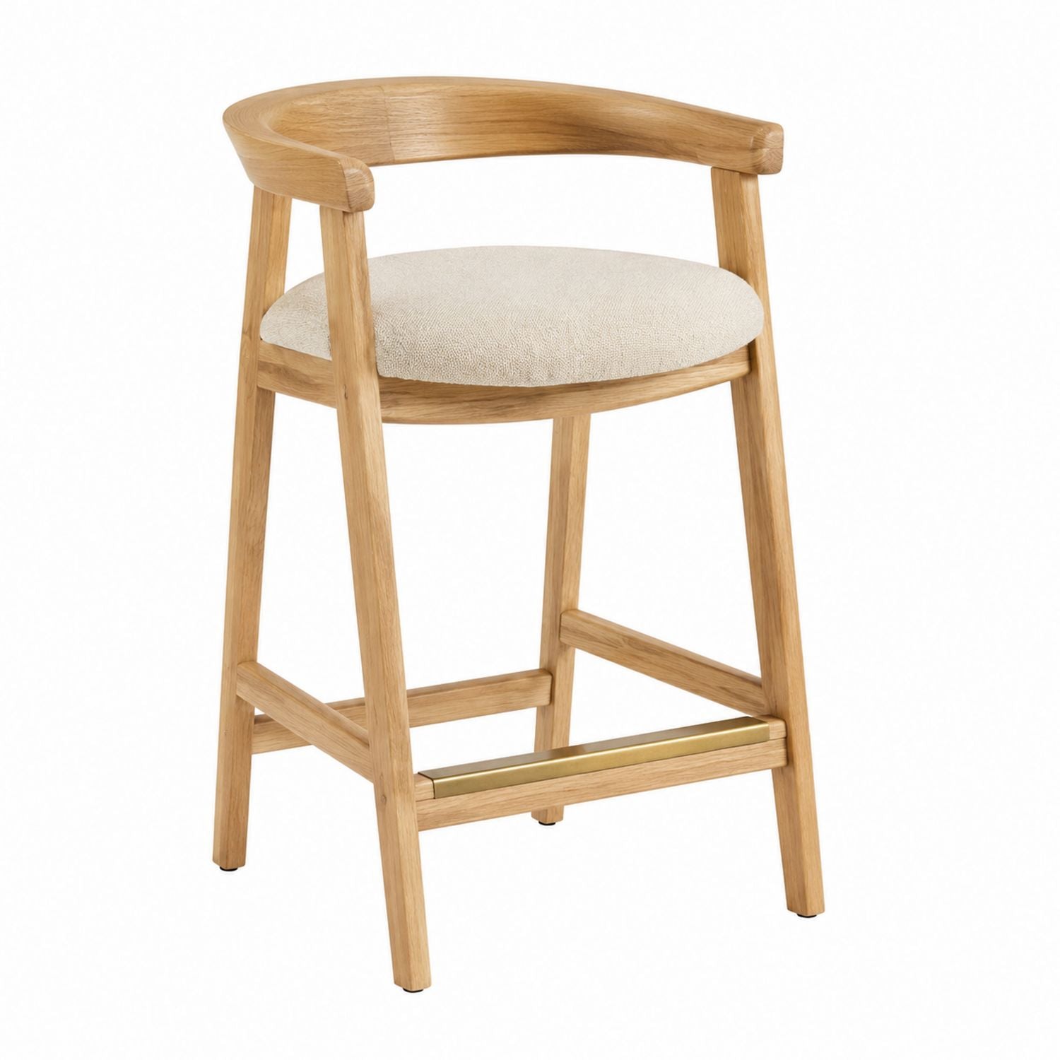 Oak Wood Bar Stool with Beige Fabric Cushion and 65cm Seat Height