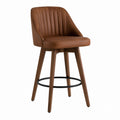 Brown Leather Swivel Bar Stool with Wood and Metal