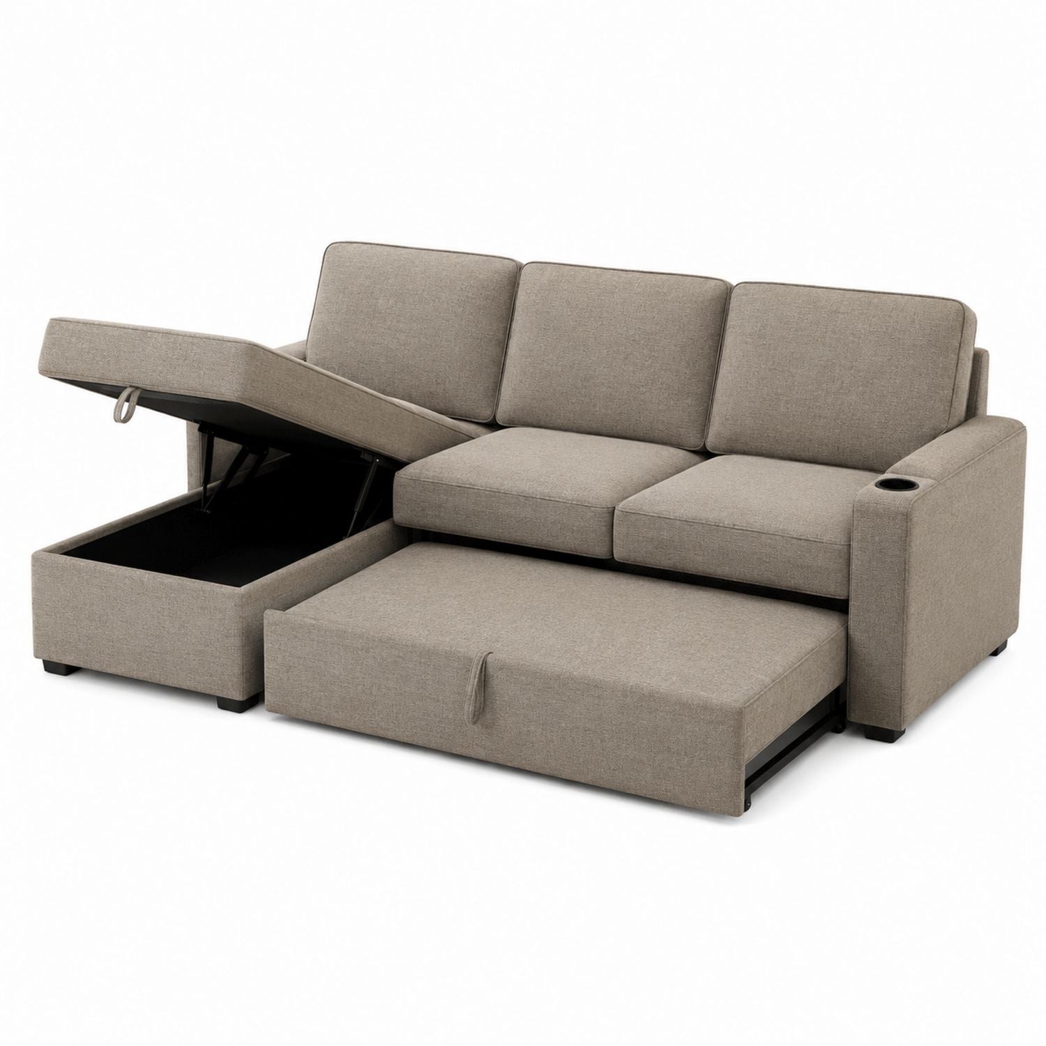 Polyester Fabric Sleeper Sofa with Storage Chaise and Pull-Out Bed 227x152x85 cm