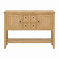 Wood Console Table with Dual Cabinets and Four Drawers, Natural Oak Finish