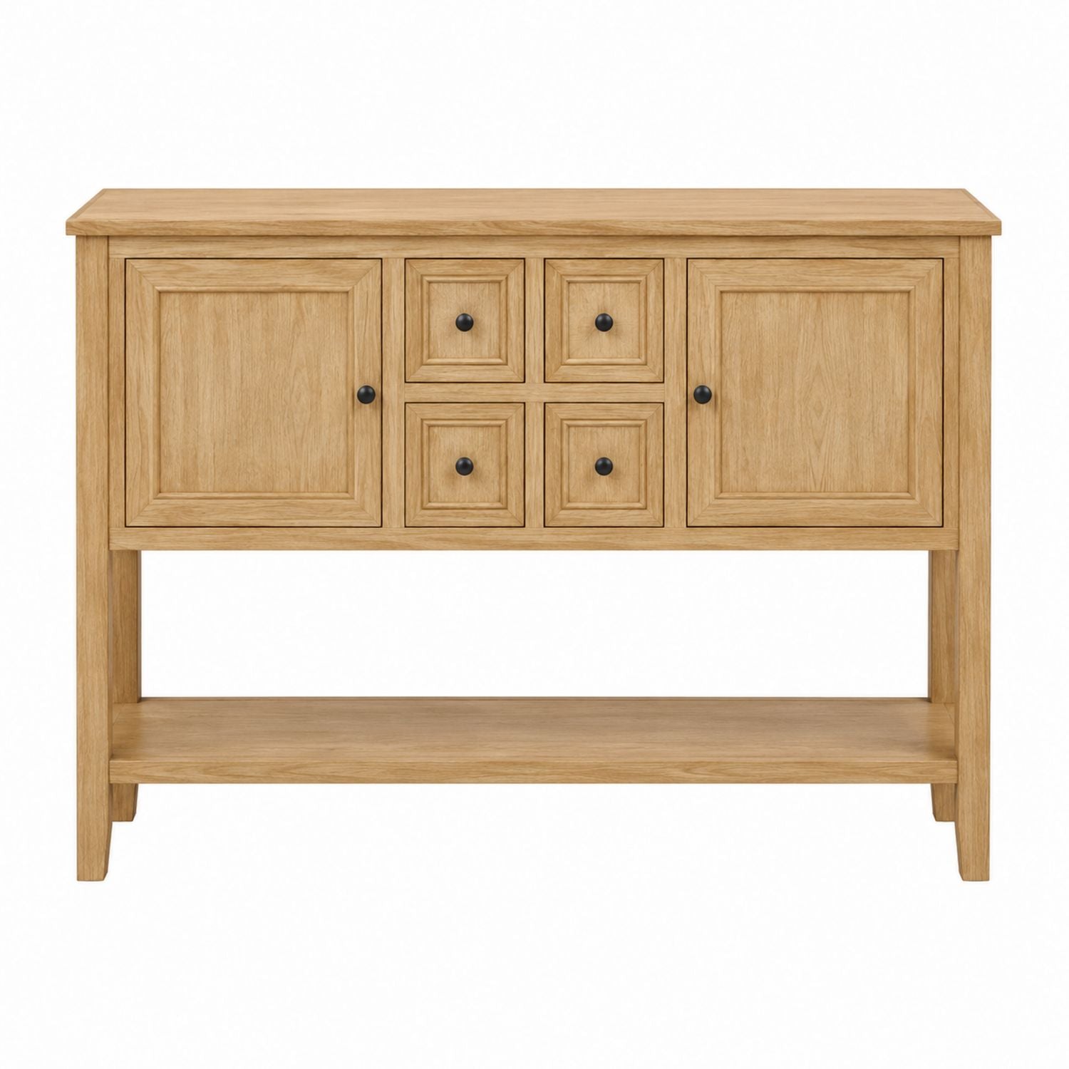 Wood Console Table with Dual Cabinets and Four Drawers, Natural Oak Finish