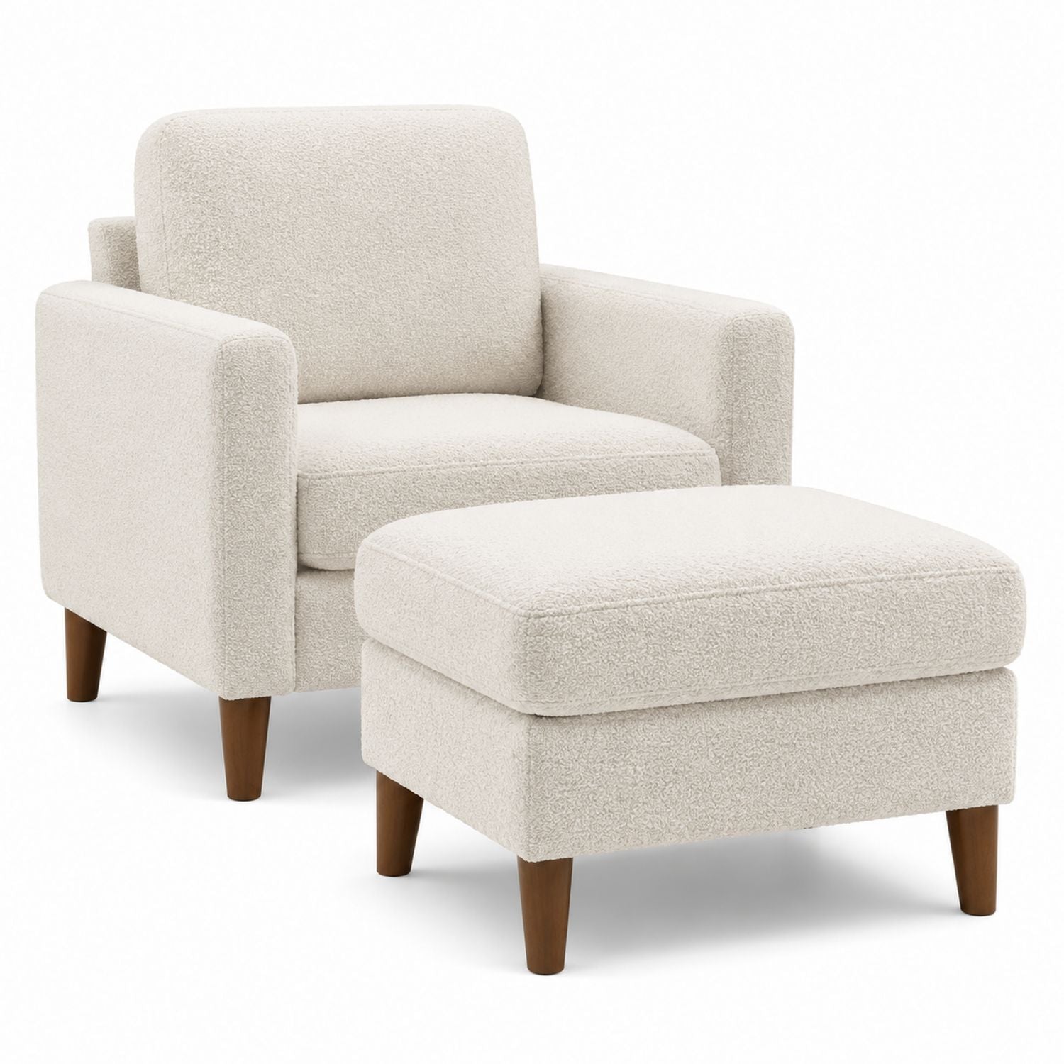 Bouclé Armchair and Ottoman Set with Wood Legs 76cm Wide