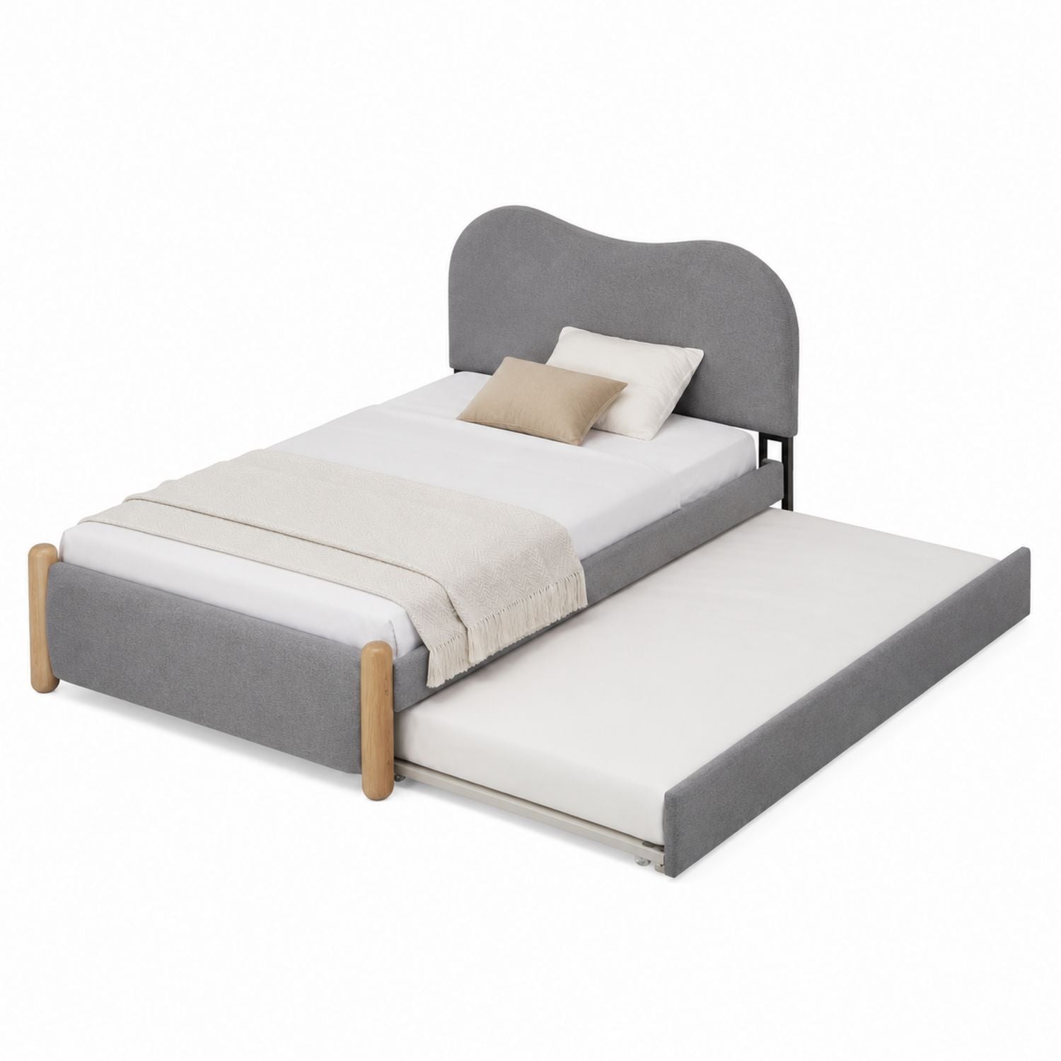 Grey Upholstered Twin Bed with Trundle and Wood Accents