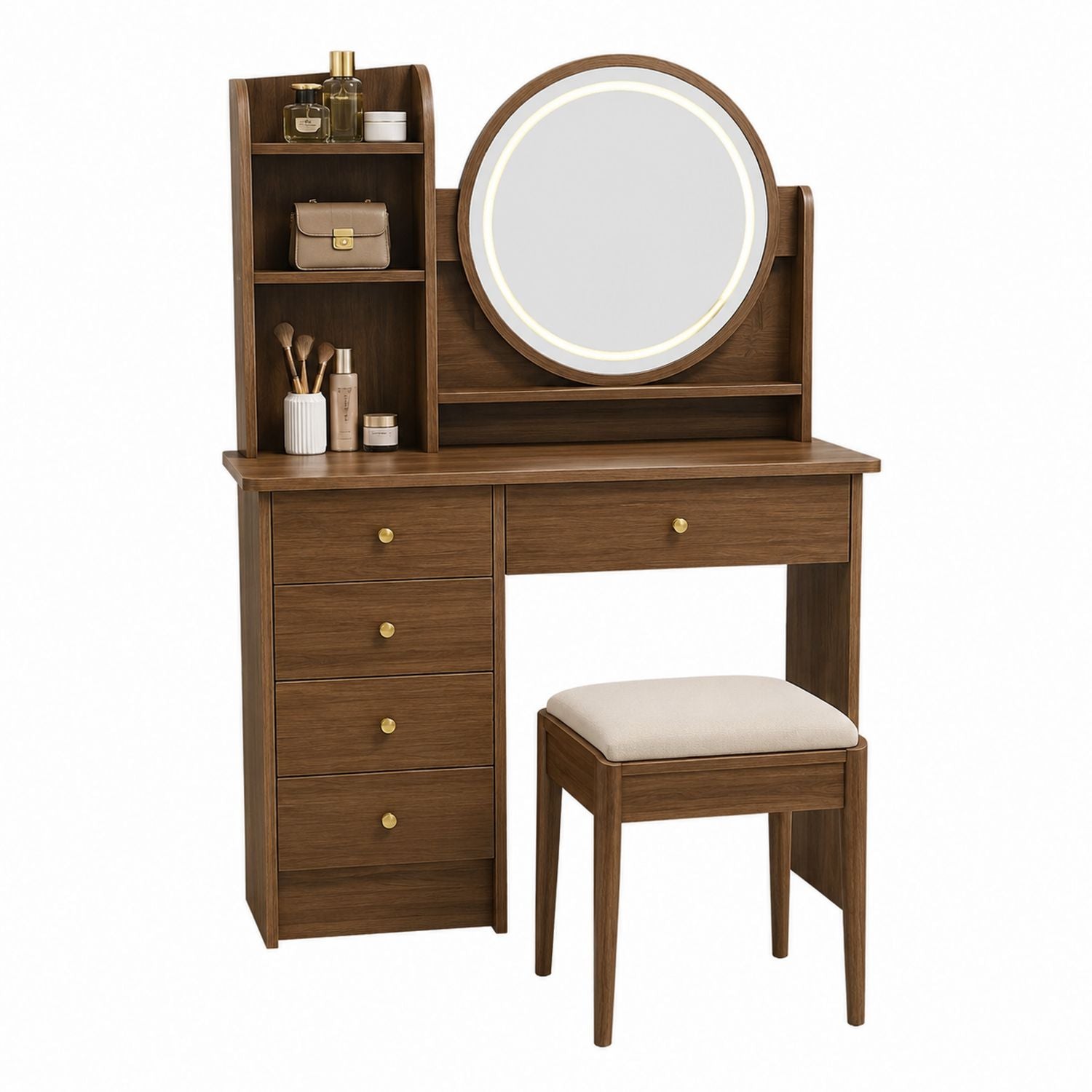 Wood Vanity Set with Round Mirror and Stool