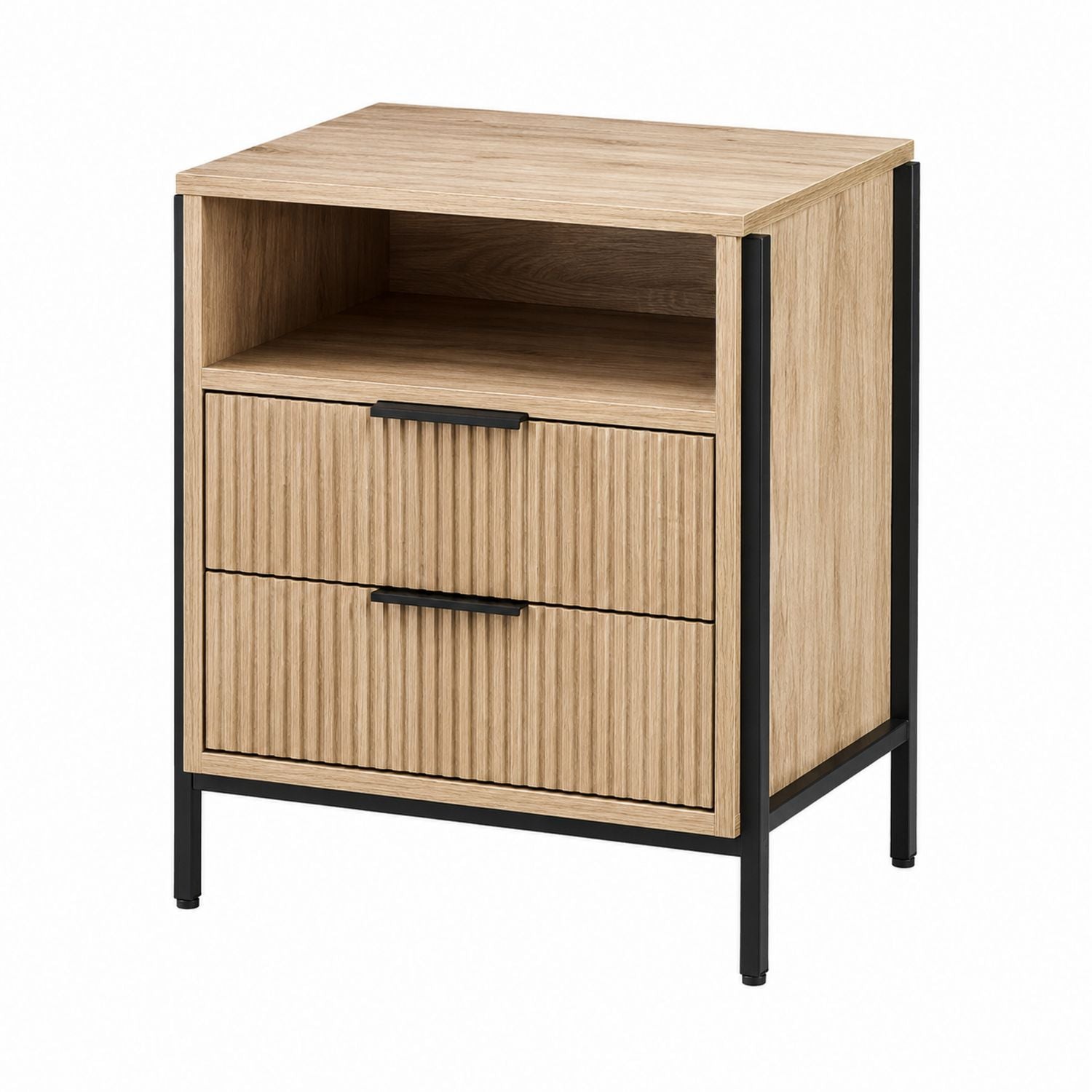Wood Nightstand with Metal Frame and Two Drawers