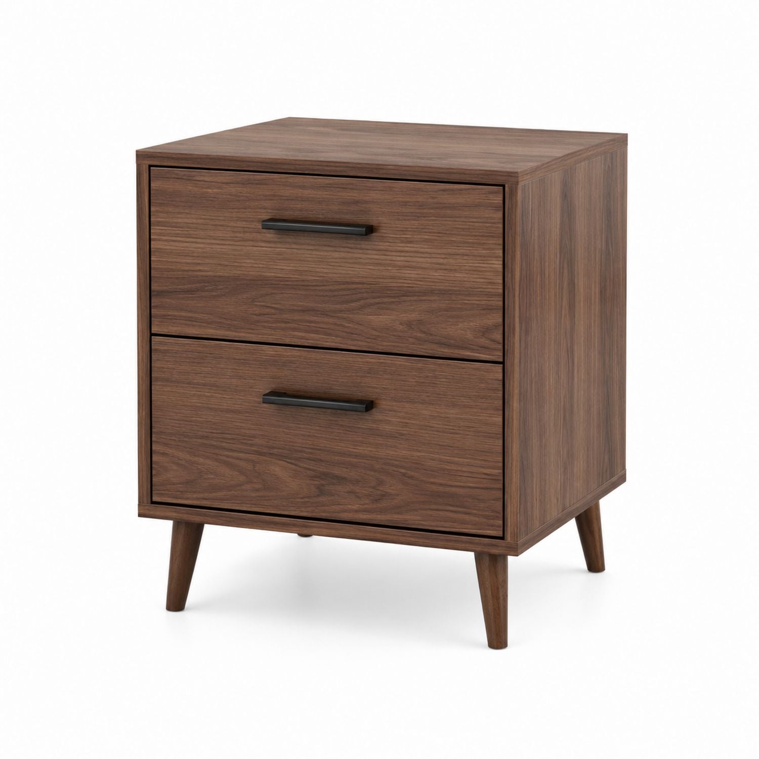 Walnut Nightstand with Two Drawers and Metal Handles