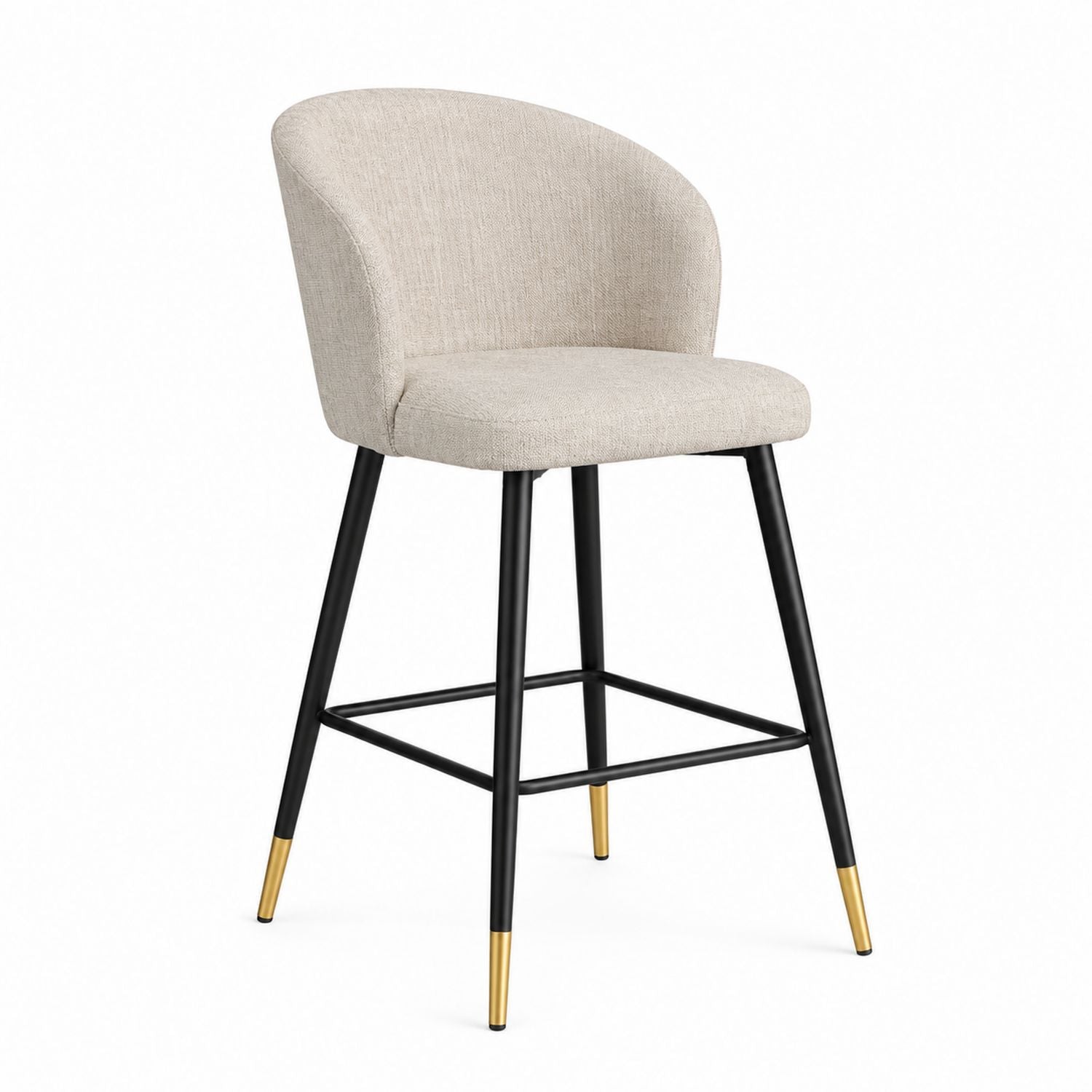 Beige Upholstered Bar Stool with Metal Legs and Gold Accents