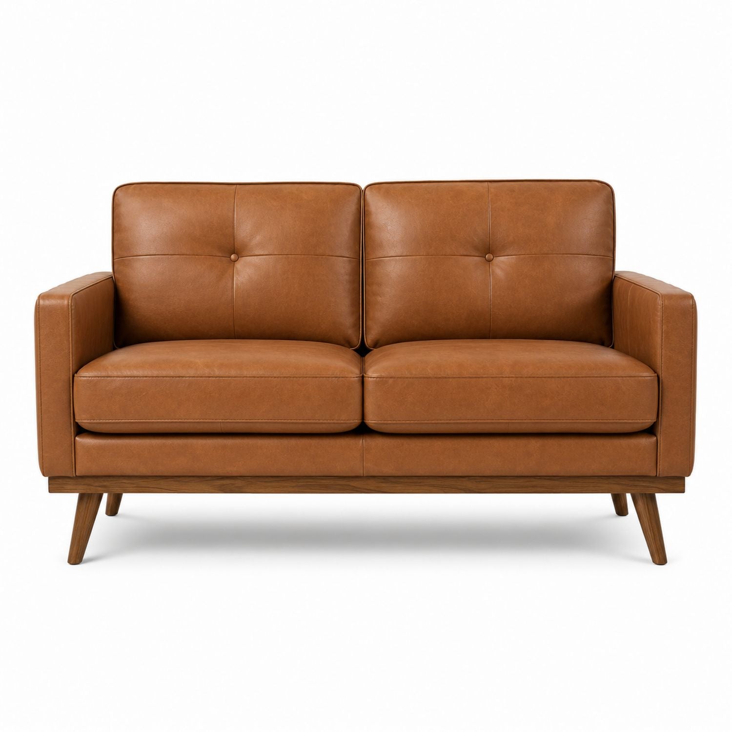 Brown Faux Leather Two-Seater Sofa with Wood Legs