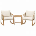 3-Piece Outdoor Rocking Chair Set with Wooden Frame and Beige Cushions