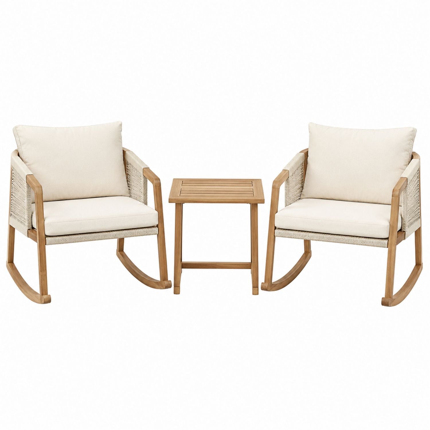 3-Piece Outdoor Rocking Chair Set with Wooden Frame and Beige Cushions