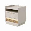 Wood Nightstand with Rattan Drawer and USB Port, Beige, 40cm x 30cm x 60cm