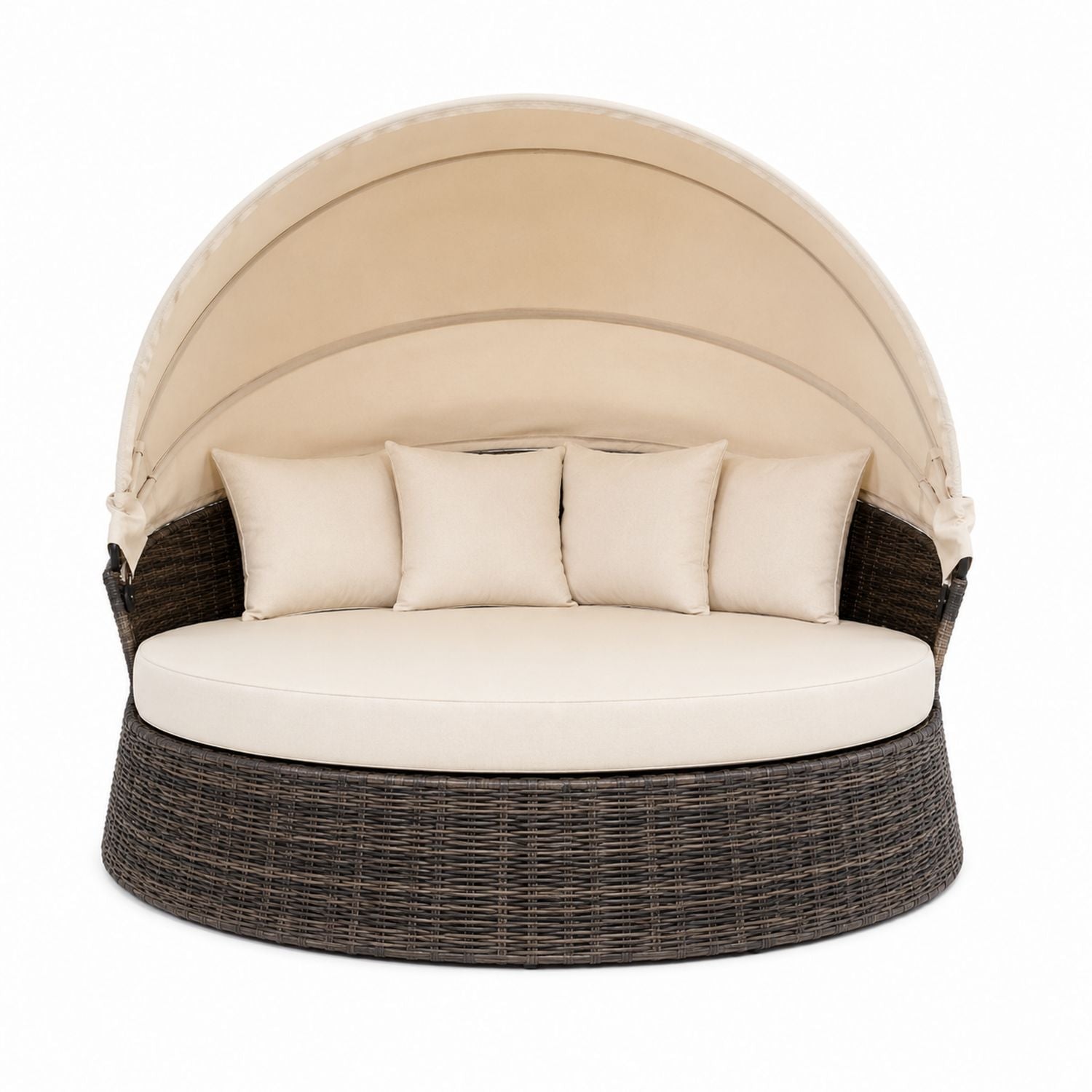 Outdoor Wicker Daybed with Adjustable Canopy and Beige Cushions