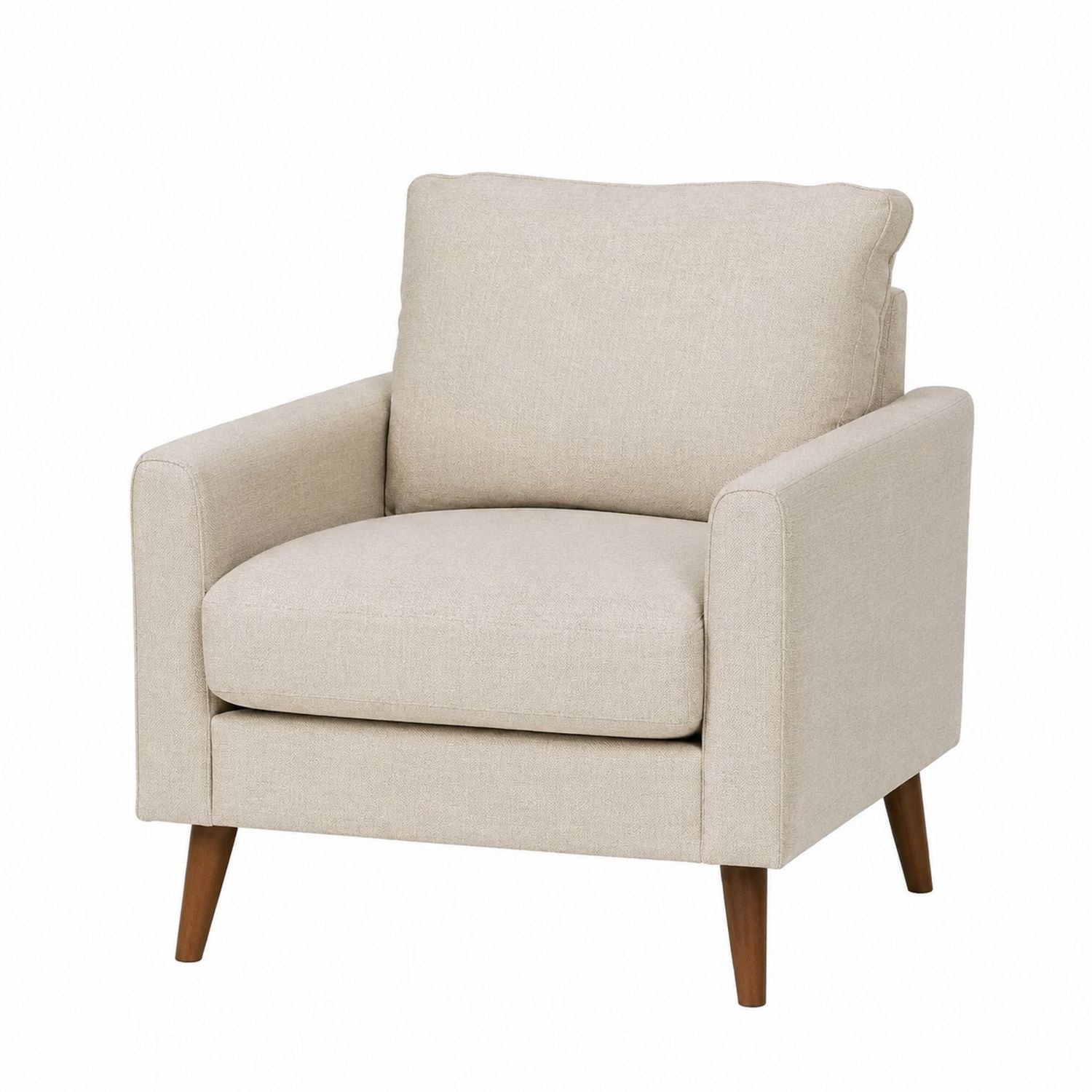 Beige Fabric Armchair with Wooden Legs