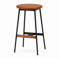 Round Brown Faux Leather Bar Stool with Metal Frame and Wood Accent