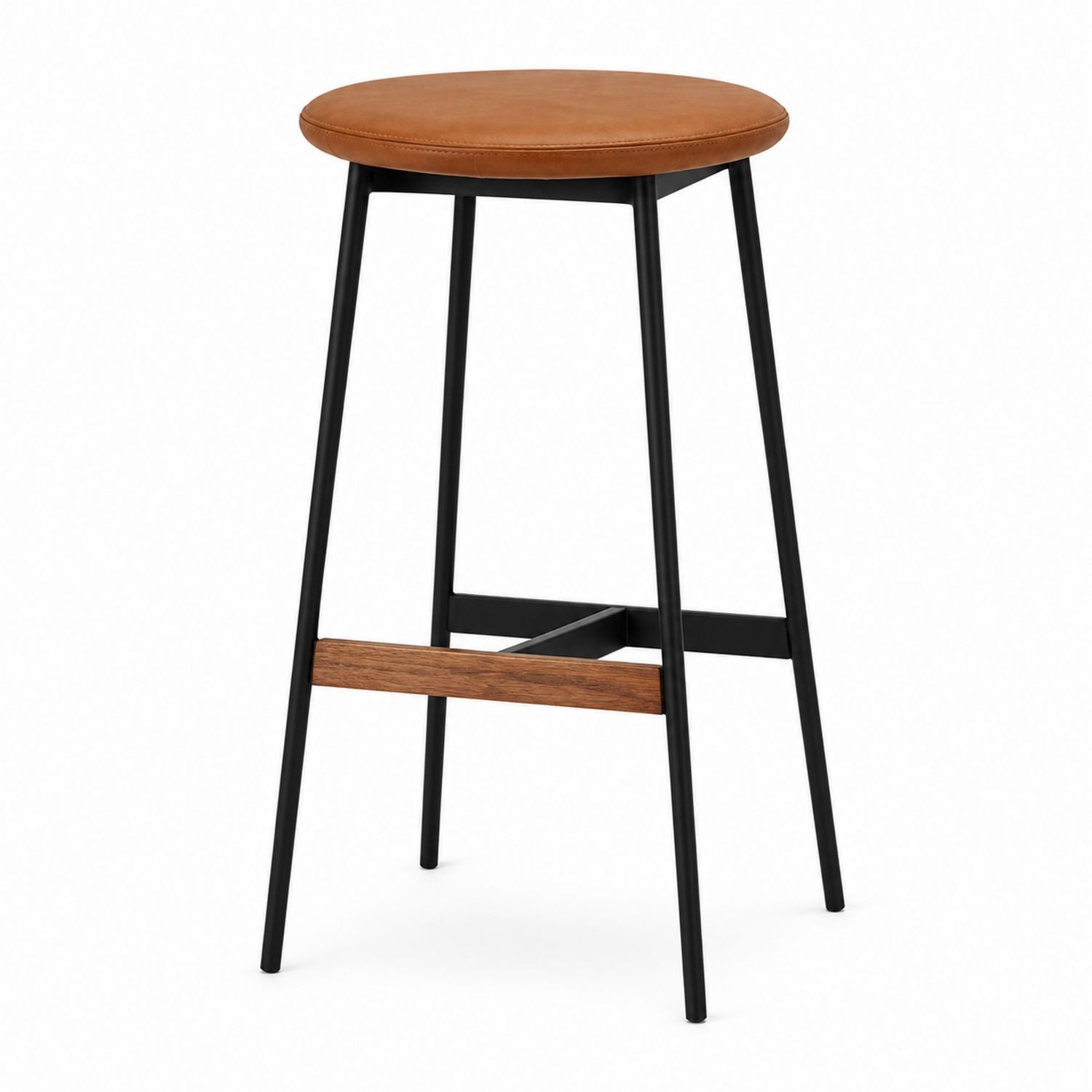 Round Brown Faux Leather Bar Stool with Metal Frame and Wood Accent