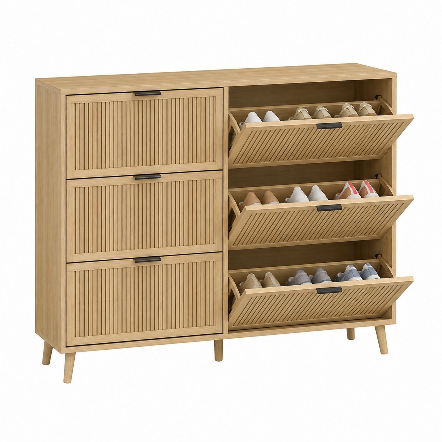 Wooden Shoe Storage Cabinet with 3 Flip Drawers Oak Finish