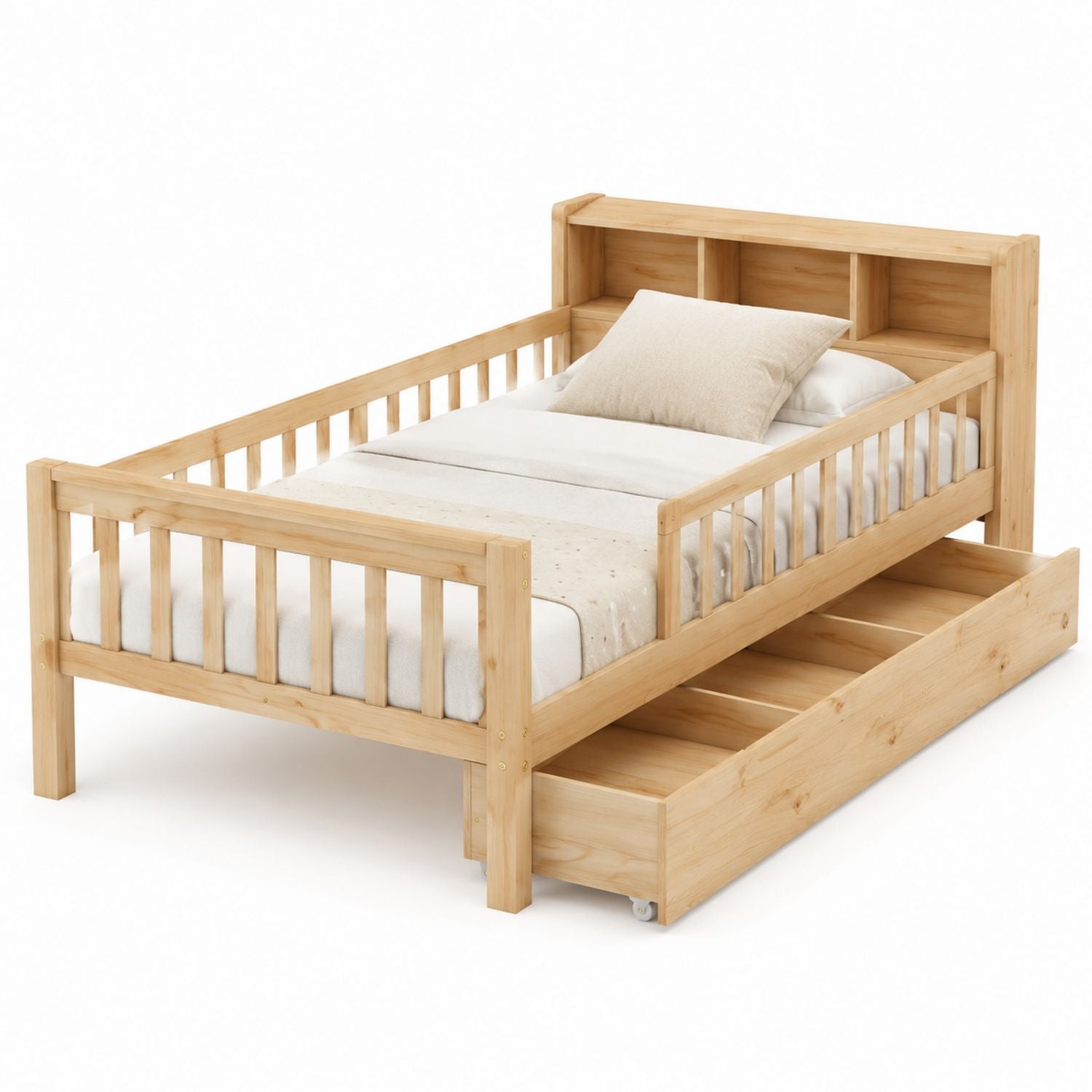 Pine Wood Toddler Bed with Storage Drawer 150x80 cm
