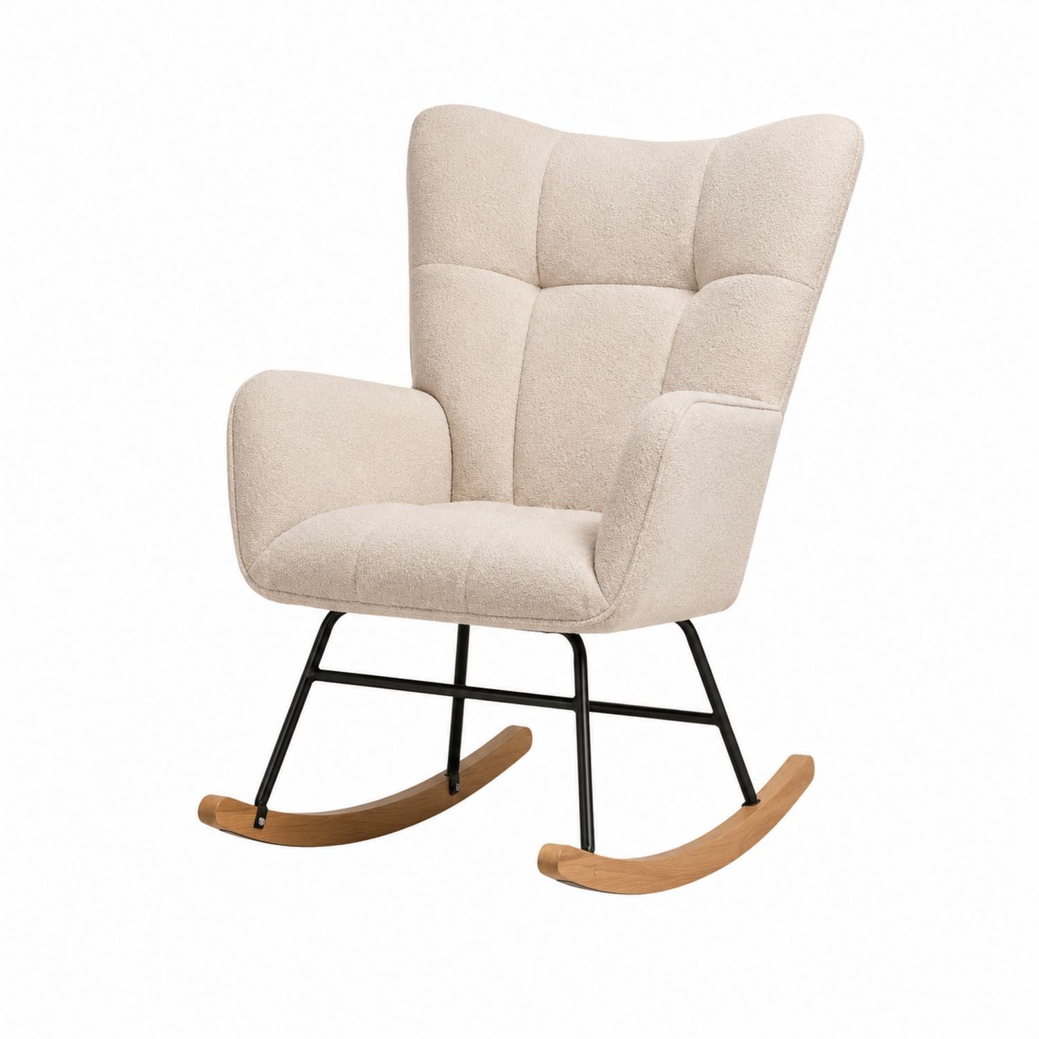 Beige Upholstered Rocking Chair with Metal Frame and Wooden Base