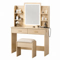 Wood Vanity Table Set with Mirror and LED Lights