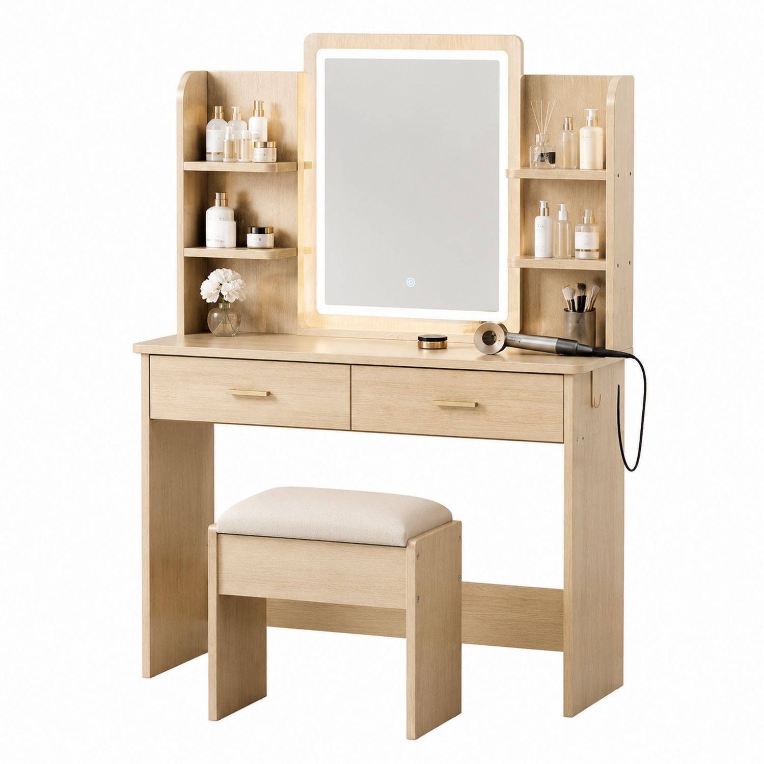 Wood Vanity Table Set with Mirror and LED Lights