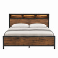 Wooden Platform Bed with LED Headboard Shelving Brown Queen Size