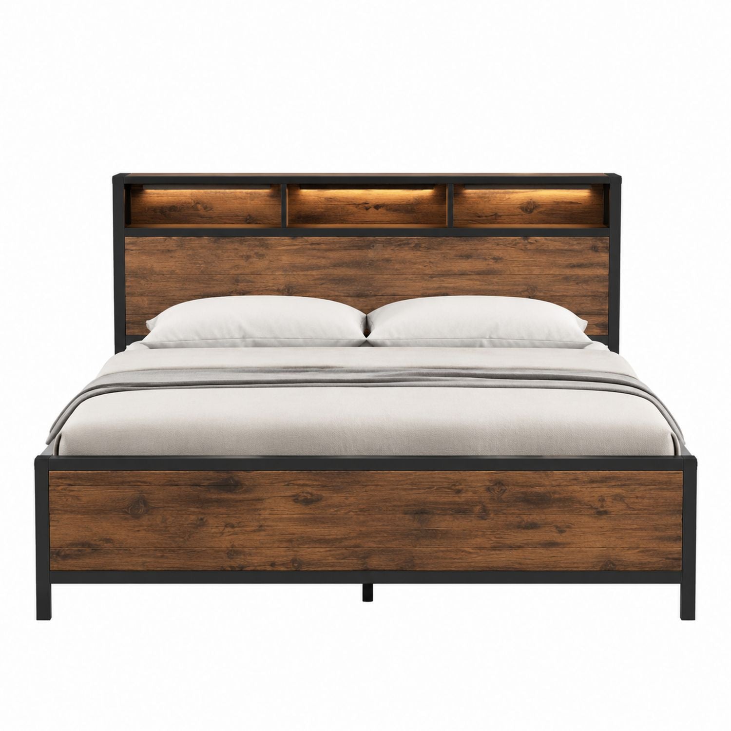 Wooden Platform Bed with LED Headboard Shelving Brown Queen Size