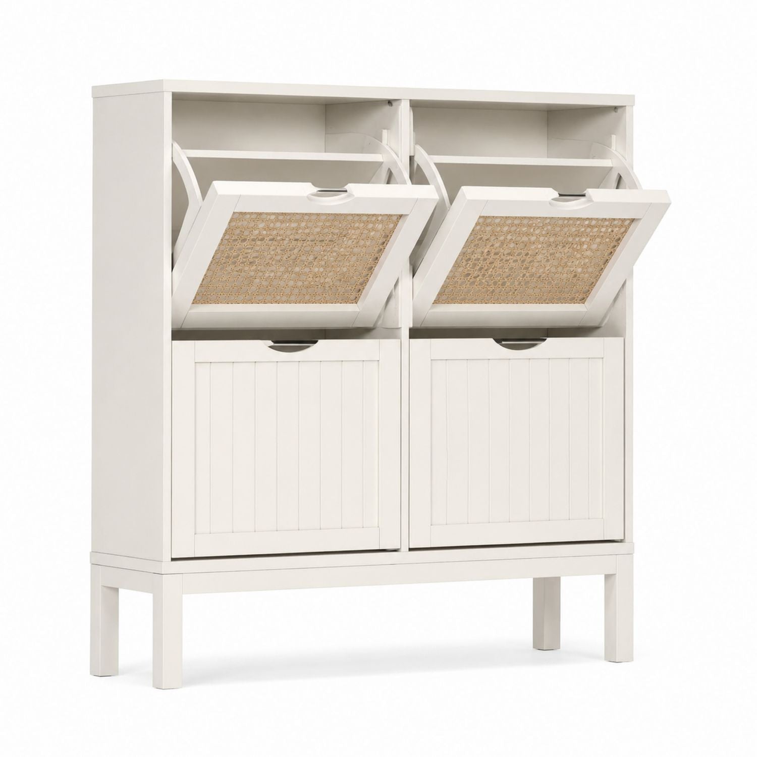 4-Tier Tilt-Out Shoe Storage Cabinet MDF Natural Rattan White 120x102x36cm