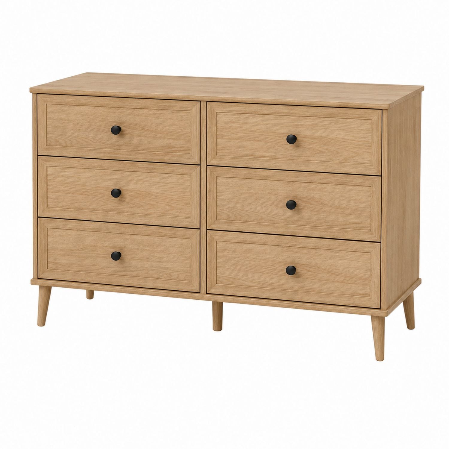 6-Drawer Wooden Dresser Solid Oak with Metal Knobs 132cm x 45cm x 78cm