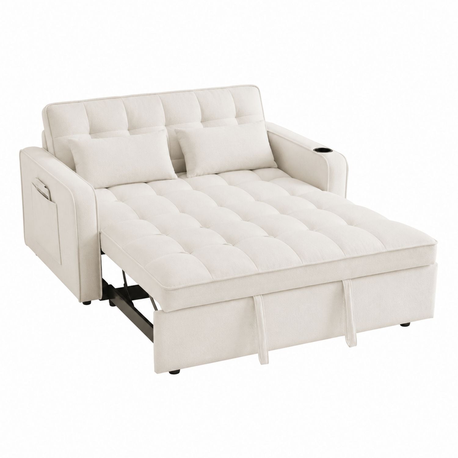 Convertible Upholstered Sofa Bed with Cup Holders and Storage, Fabric, Beige