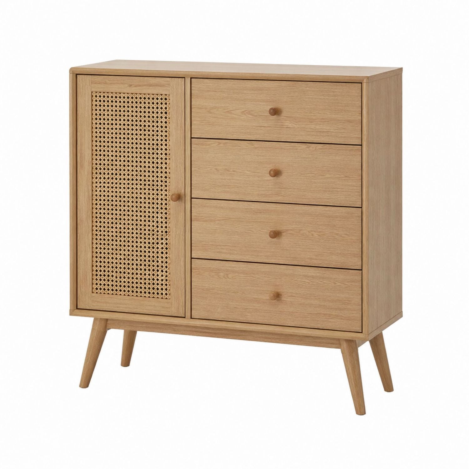 Wooden Dresser with Four Drawers and Rattan Door Oak 90cm x 40cm x 100cm