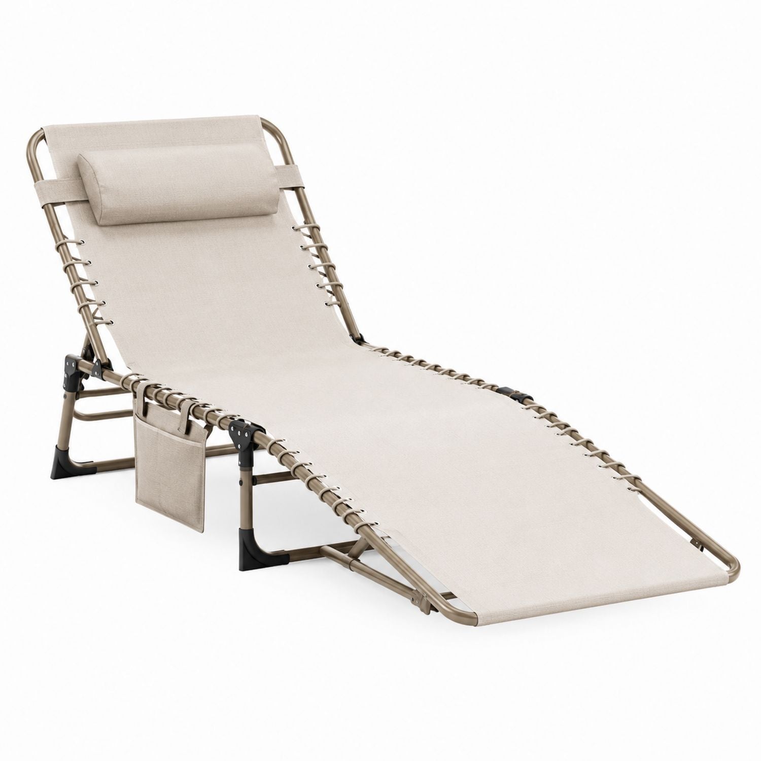 Outdoor Folding Steel Recliner with Beige Polyester Fabric