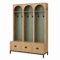 Wooden Entryway Coat Rack with Drawers and Hooks, Oak and Green